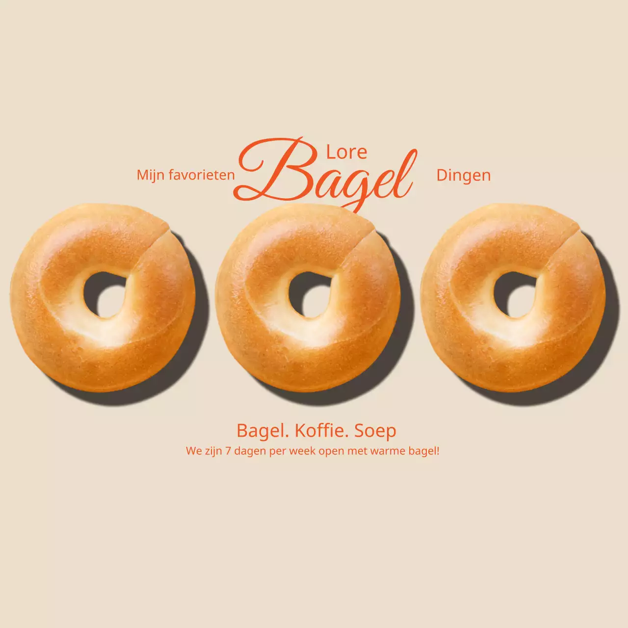 Een café promoten met een foto van een bagel met een emotioneel concept in beige en rood.