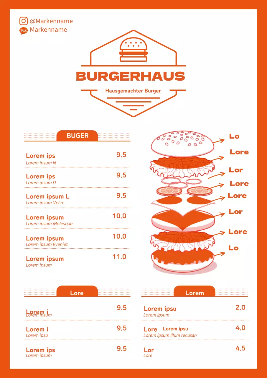 Nettes Restaurant Hamburger Menü mit orangefarbenen Illustration