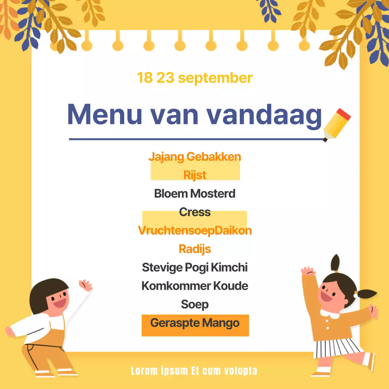 Geel Marineblauw Netjes Vandaag Menu Basisschool Dagelijkse Lunch Maaltijd Tabel Mobiel Mededeling