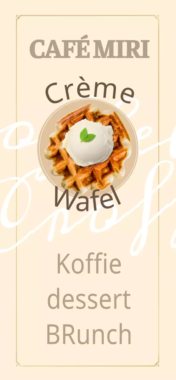 Cursief café spandoek met wafels met warme broodjes en desserts.
