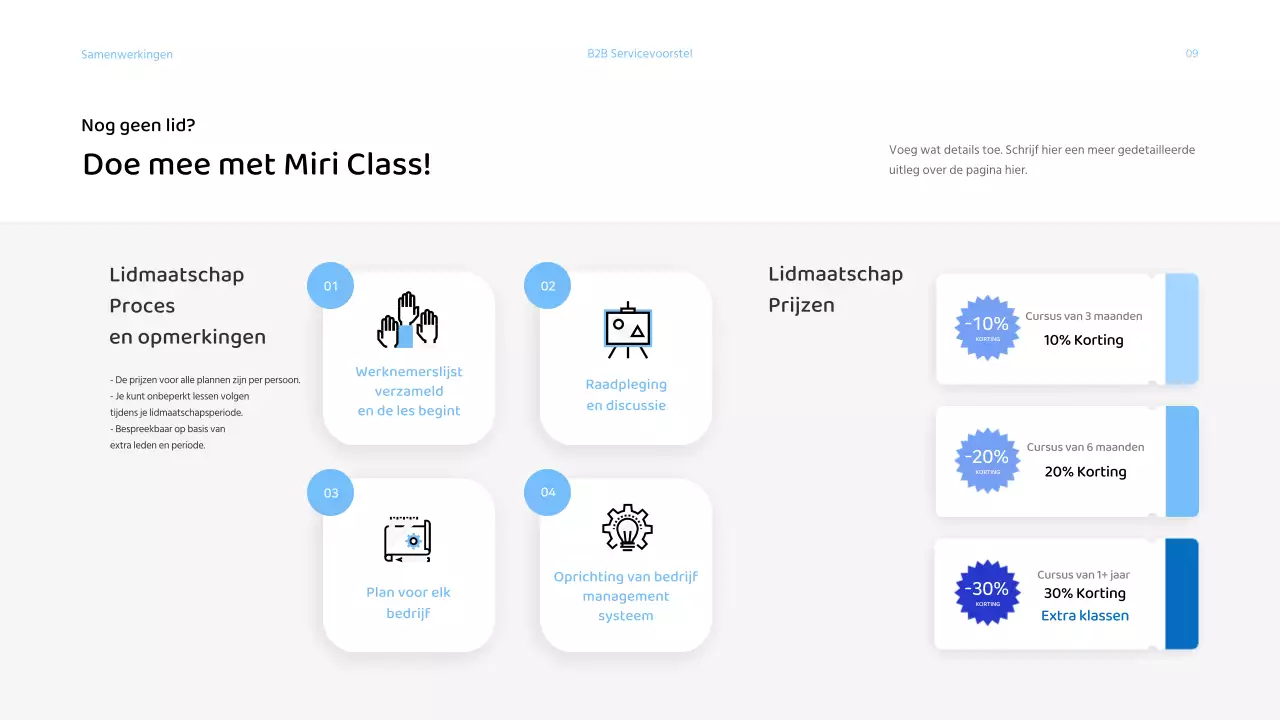 Voorstelpresentatie voor zakelijke diensten met een lichtblauw kleurenschema