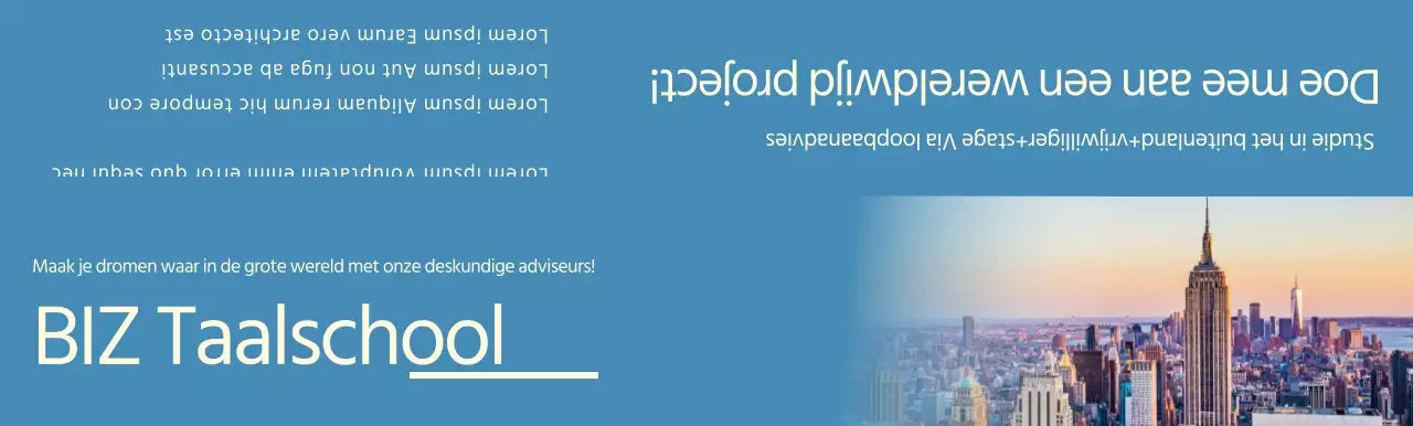 Een taalschool promoten met blauwe en gele foto's van buitenlandse landschappen