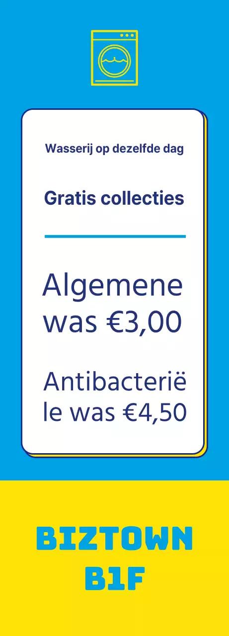 Wasserette banner met een wasserijpictogram in gele puntkleur op een blauwe achtergrond