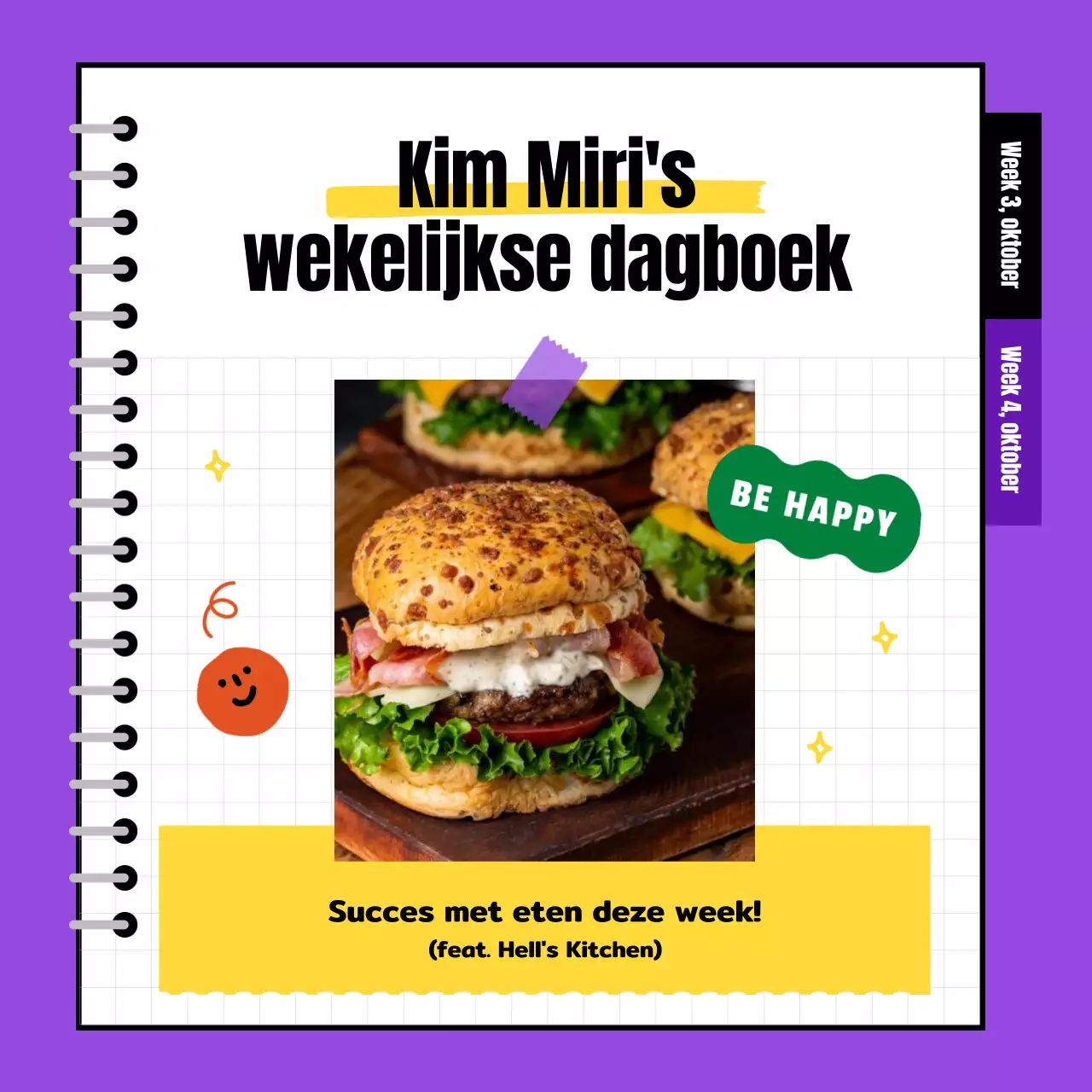 Kleurrijke wekelijkse dagboeksjabloon in paars en geel