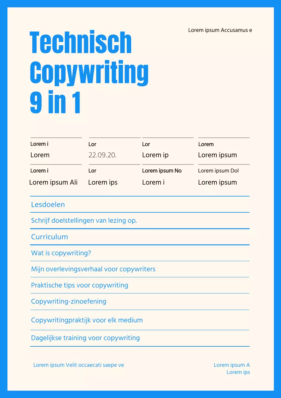 Cursus syllabus technisch copywriting in blauw en ivoor curriculumdocumenten