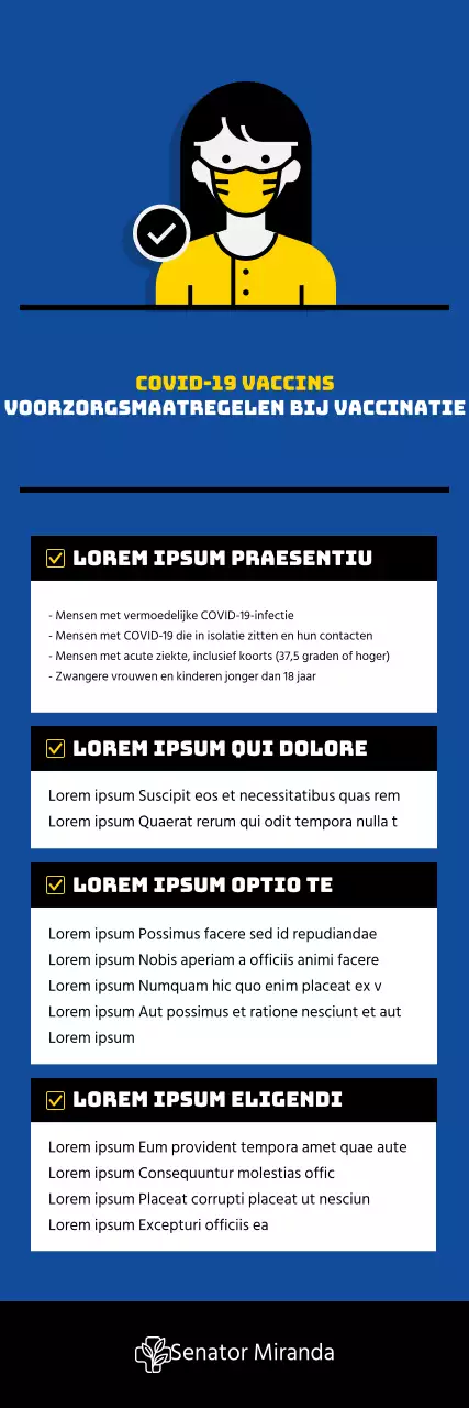 Coronavirus Vaccinatie X-banner met illustraties en tabellen in blauw.