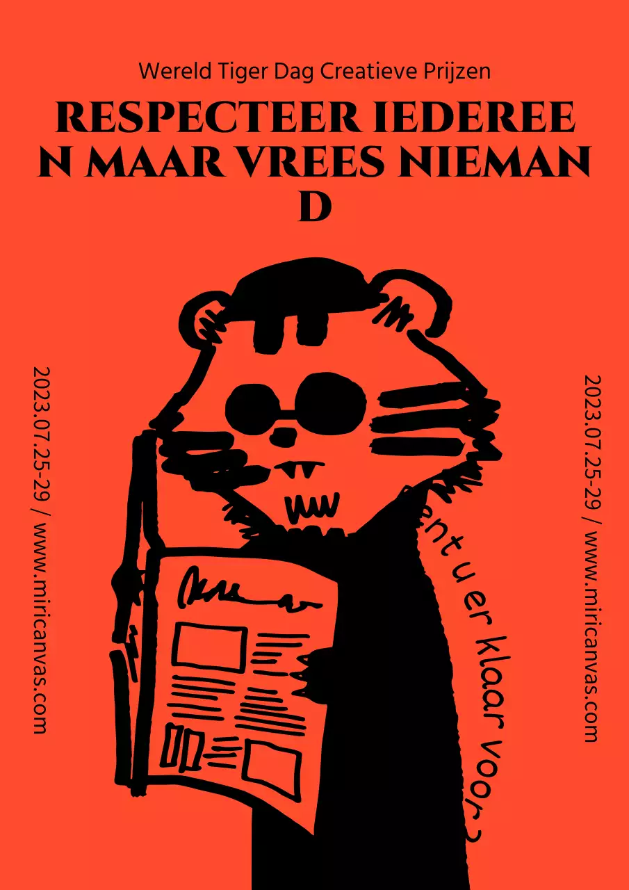 Handgetekende tijger die een krant leest met een leuke oranje en zwarte zonnebril