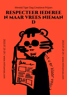 Handgetekende tijger die een krant leest met een leuke oranje en zwarte zonnebril