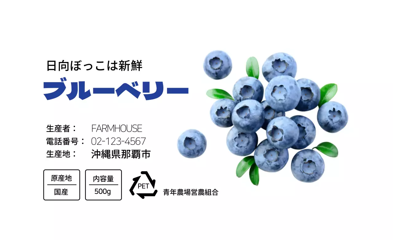 白のすっきりとしたブルーベリー農産物情報表示
