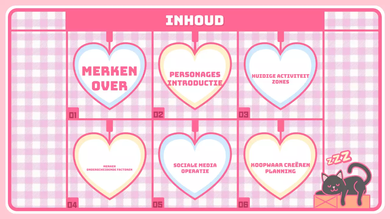 Schattige karakter en merchandise introductiepagina met roze geruite achtergrond