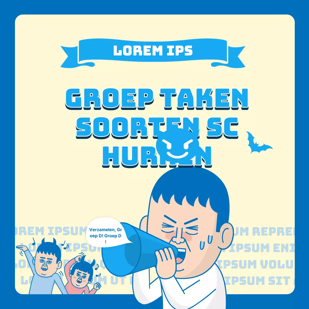 blauwe illustratie universiteitsstudenten groepswerk grappig chit