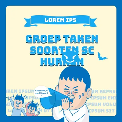 blauwe illustratie universiteitsstudenten groepswerk grappig chit