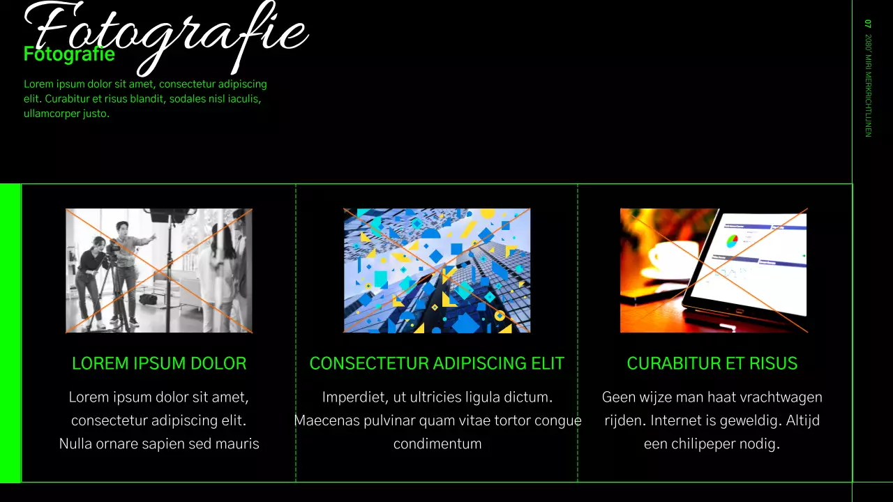 Huisstijlrichtlijnen in een limegroen en zwart rasterformaat