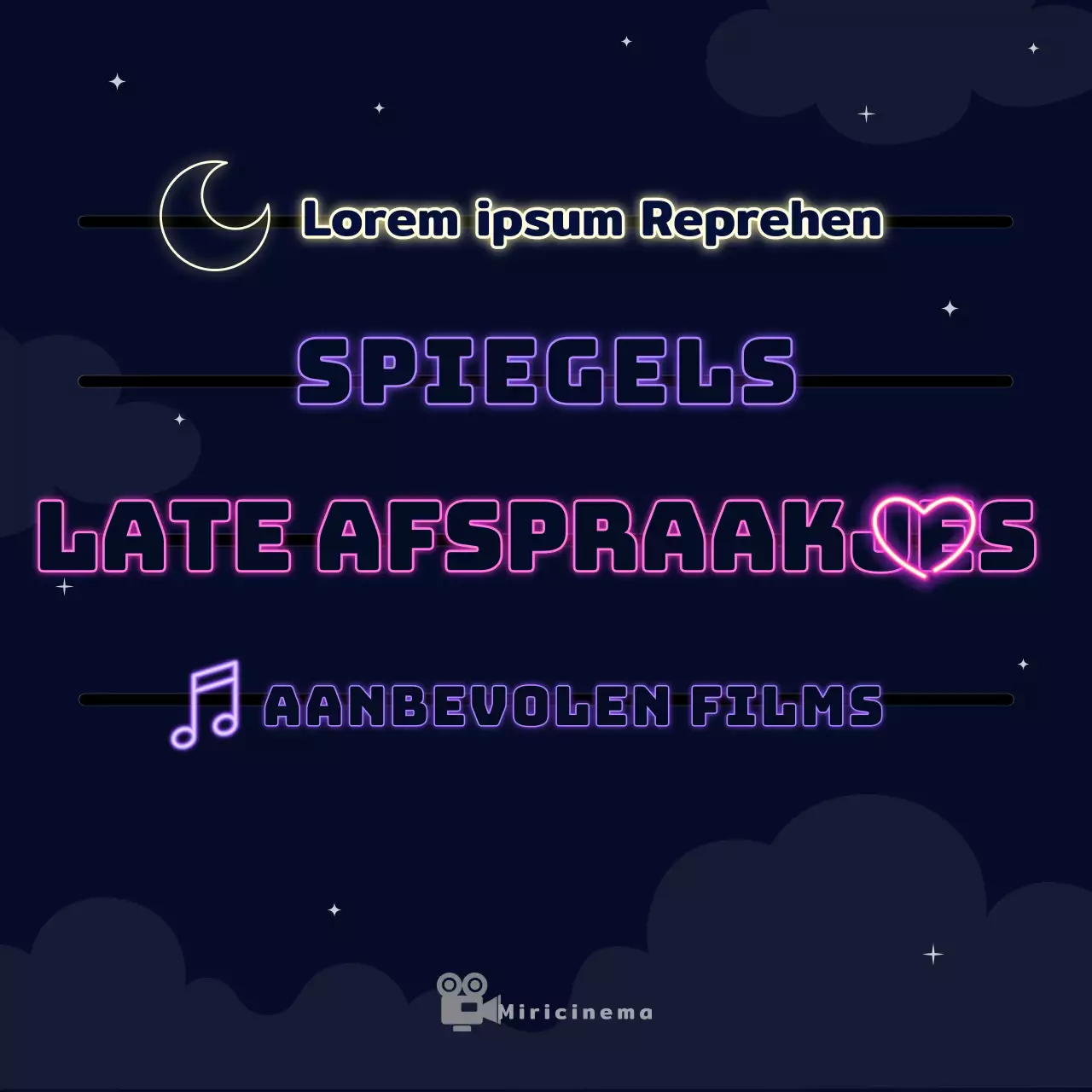 Filmaanbevelingen voor een late date night met een marineblauwe achtergrond en neonborden