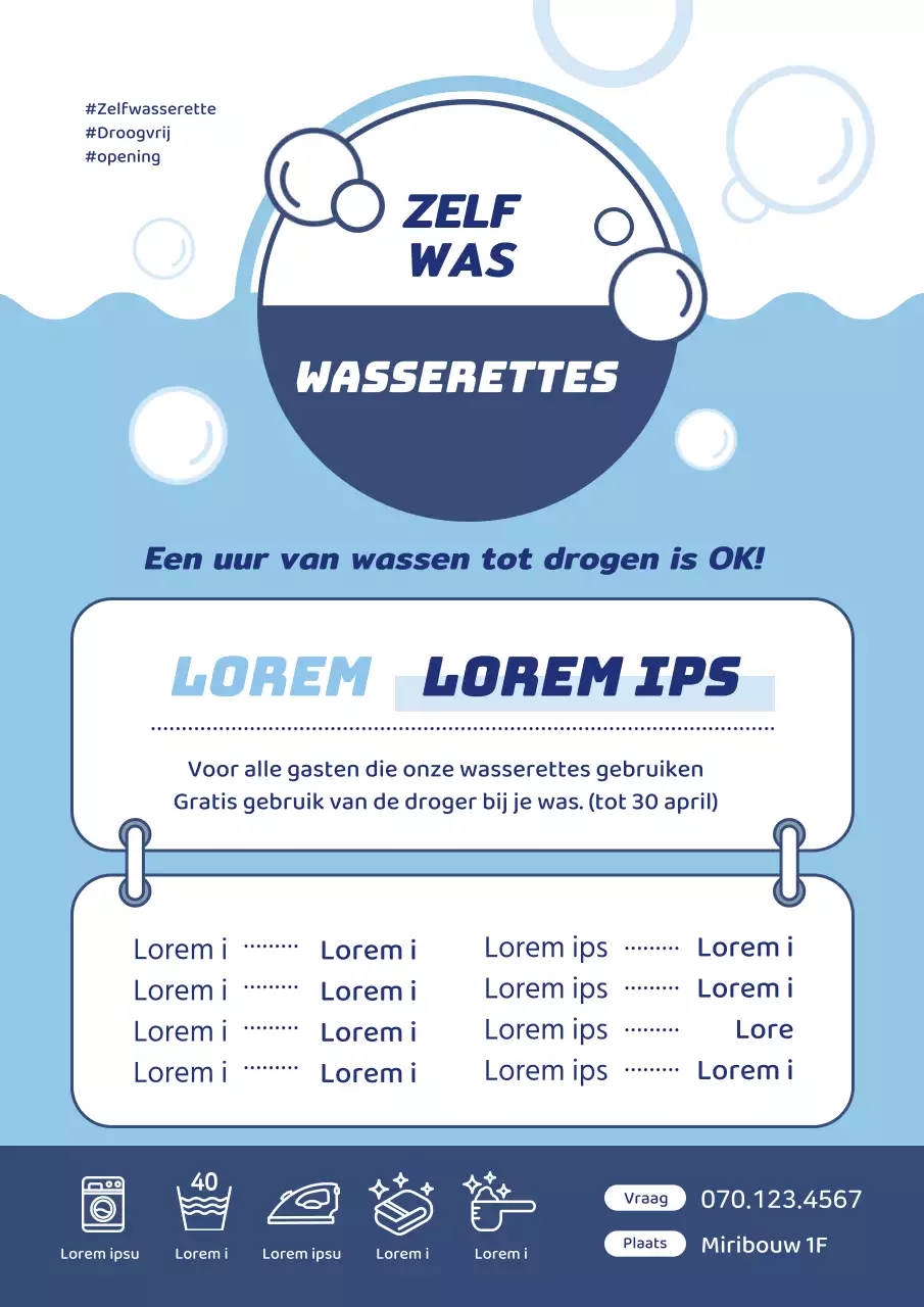 Blauwe illustratie promoot een schone wasserette