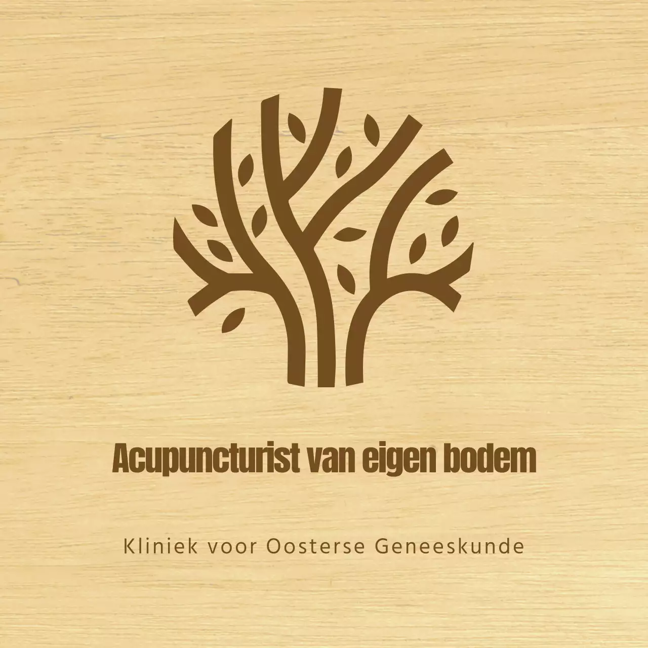 Een stijlvol bord voor een kliniek voor oosterse geneeskunde met bruine tekst en een houten lijnillustratie.