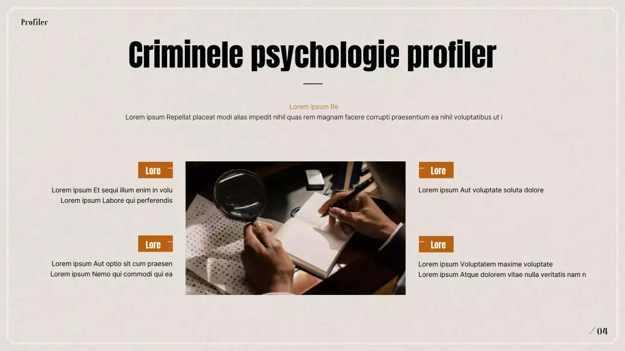 Presentatie over criminele psychologische profilering in zwart en beige