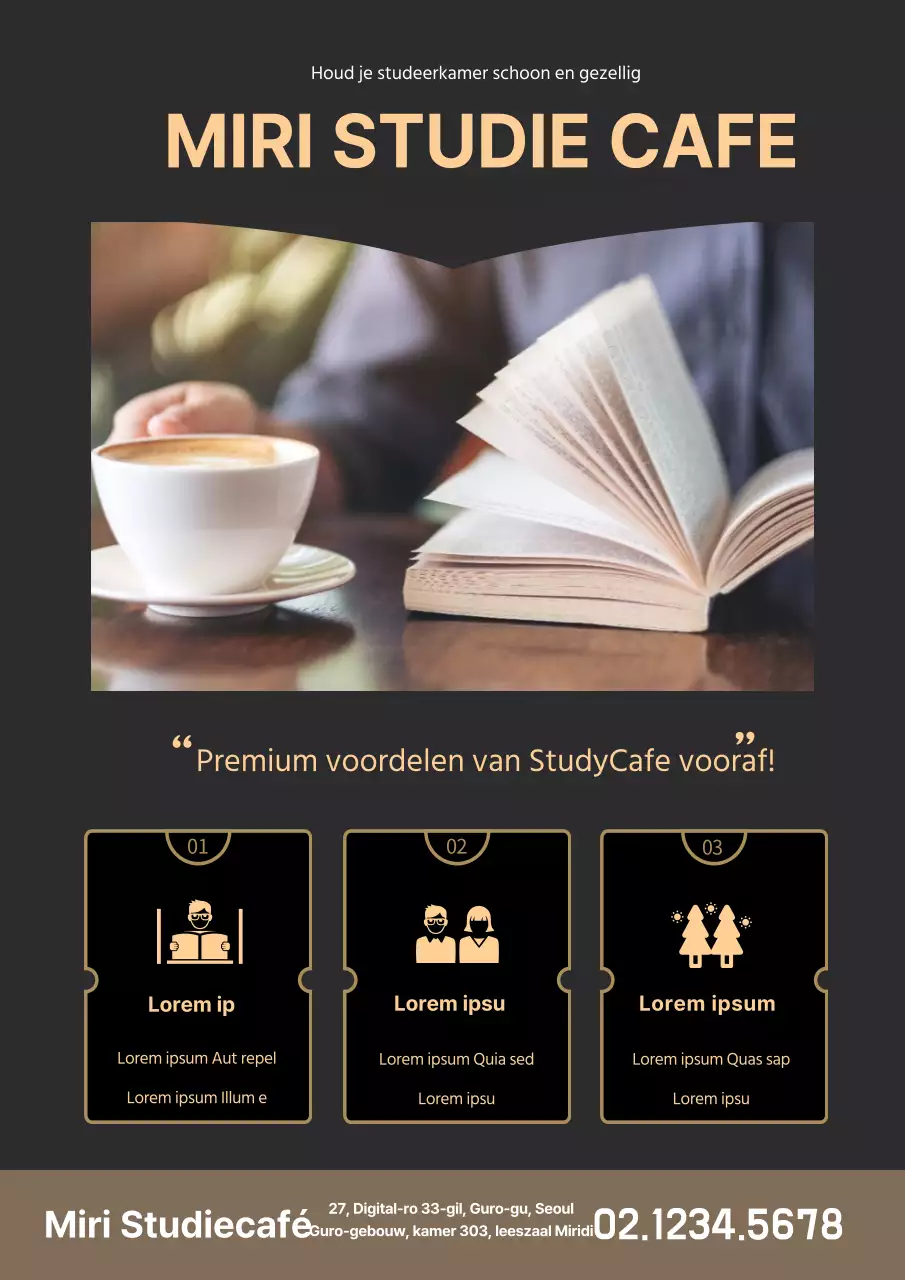 Promoot Ganjin Study Café met zwart-gouden foto's en pictogrammen