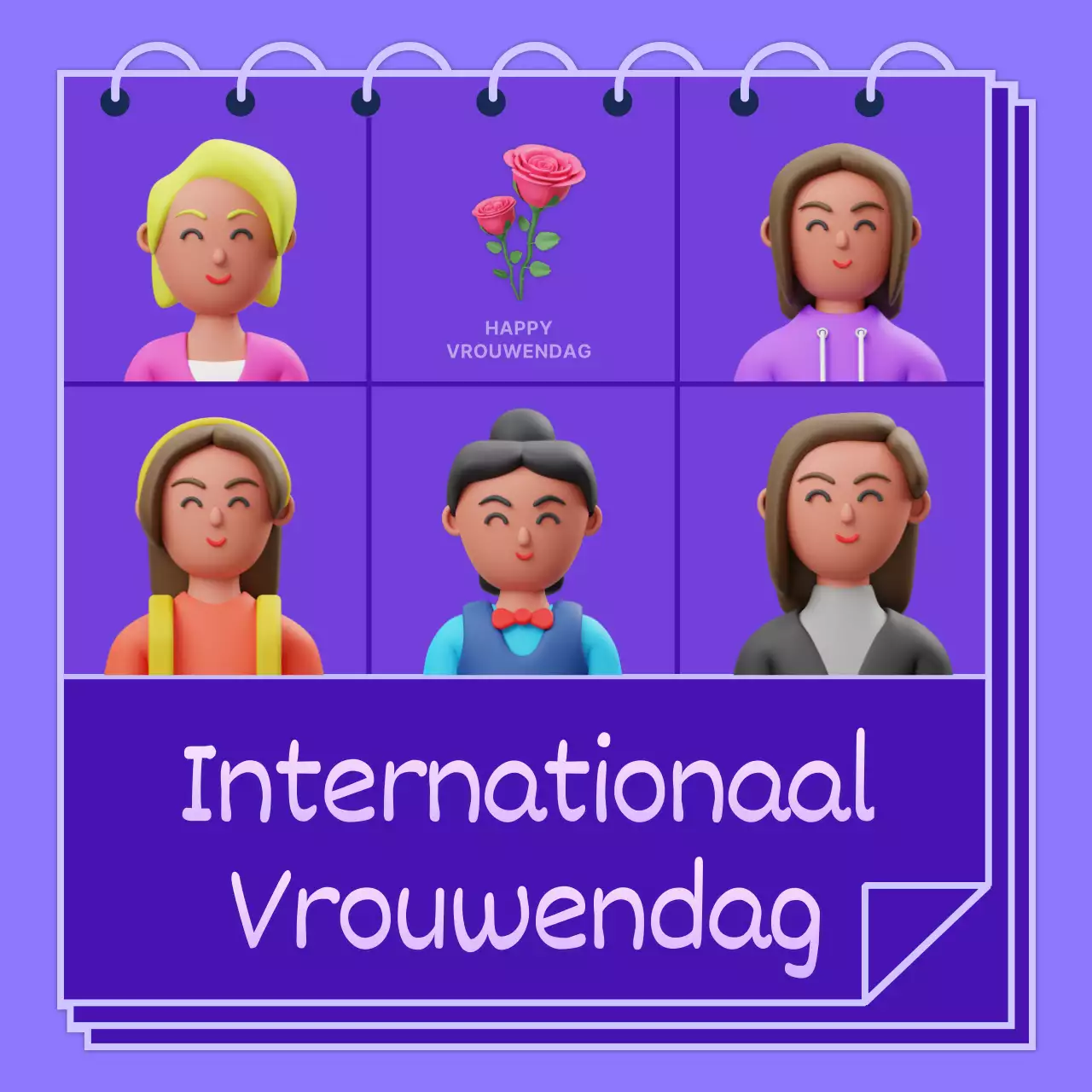 Paarse illustratie van vrouwen van verschillende rassen ter promotie van Internationale Vrouwendag