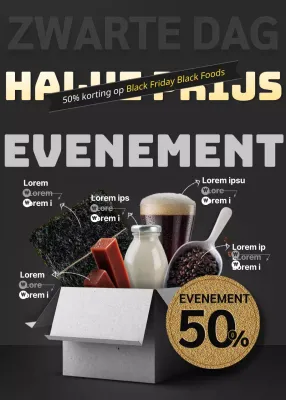 Voedsel kortingsactie met zwart en grijs thuisbezorgdoos concept