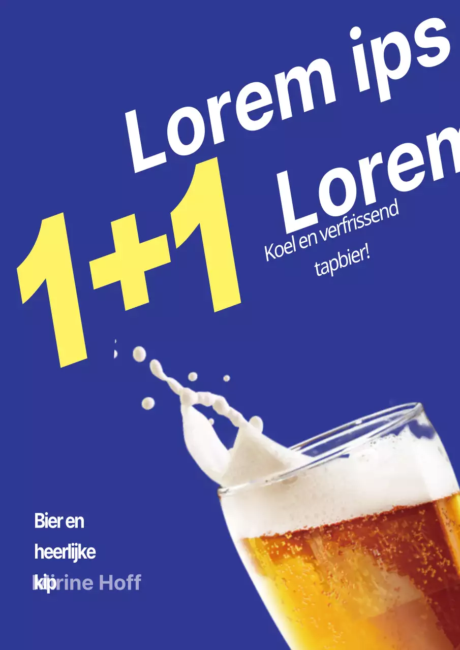 Eenvoudige blauwe en gele poster ter promotie van een evenement met korting op tapbier