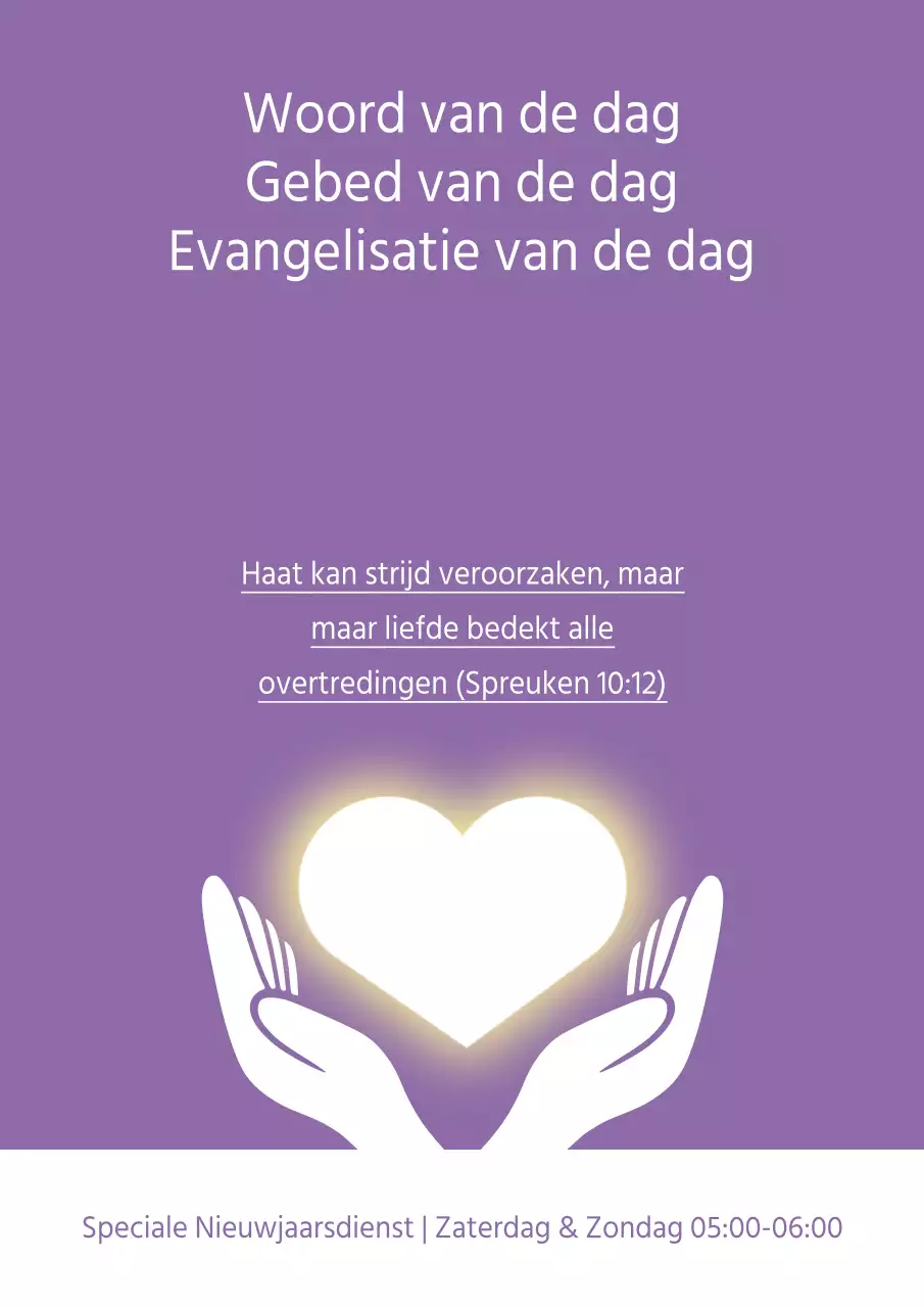 Promotie van een speciale nieuwjaarsdienst met een illustratie van een paars hart en hand.