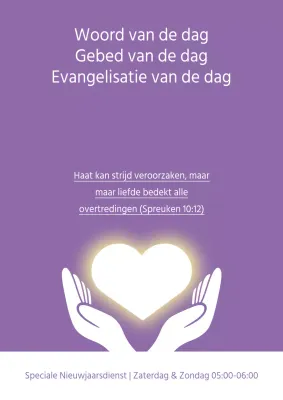 Promotie van een speciale nieuwjaarsdienst met een illustratie van een paars hart en hand.