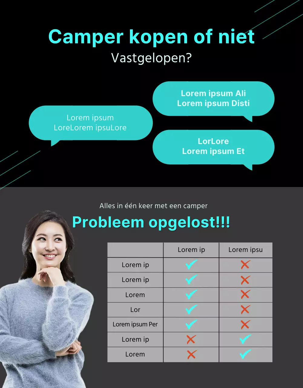 Een eenvoudige camper met donkere kleuren en mintkleurige accenten Meer info