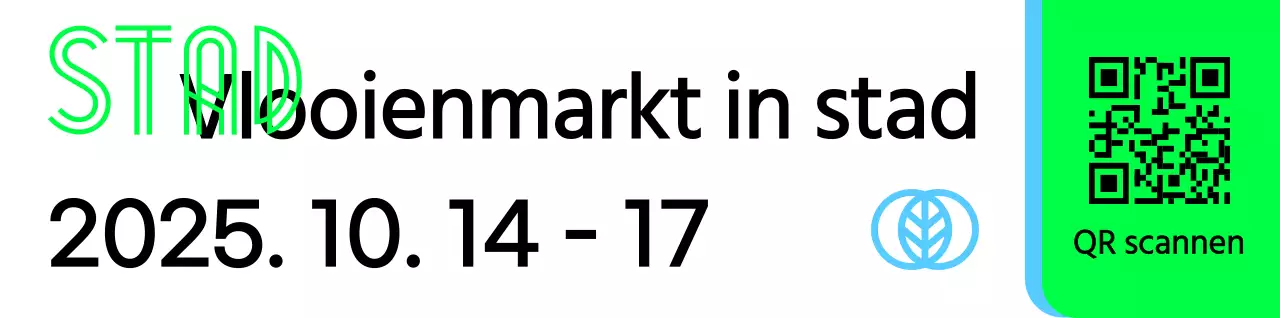 Een promotiebord met een groenzwarte vlooienmarktaankondiging en verschillende illustraties van vormen.