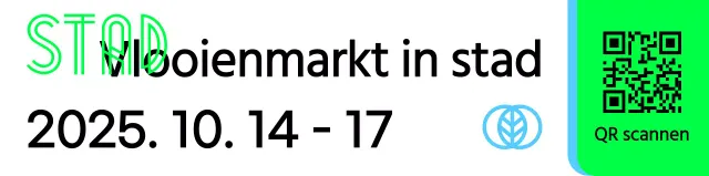 Een promotiebord met een groenzwarte vlooienmarktaankondiging en verschillende illustraties van vormen.