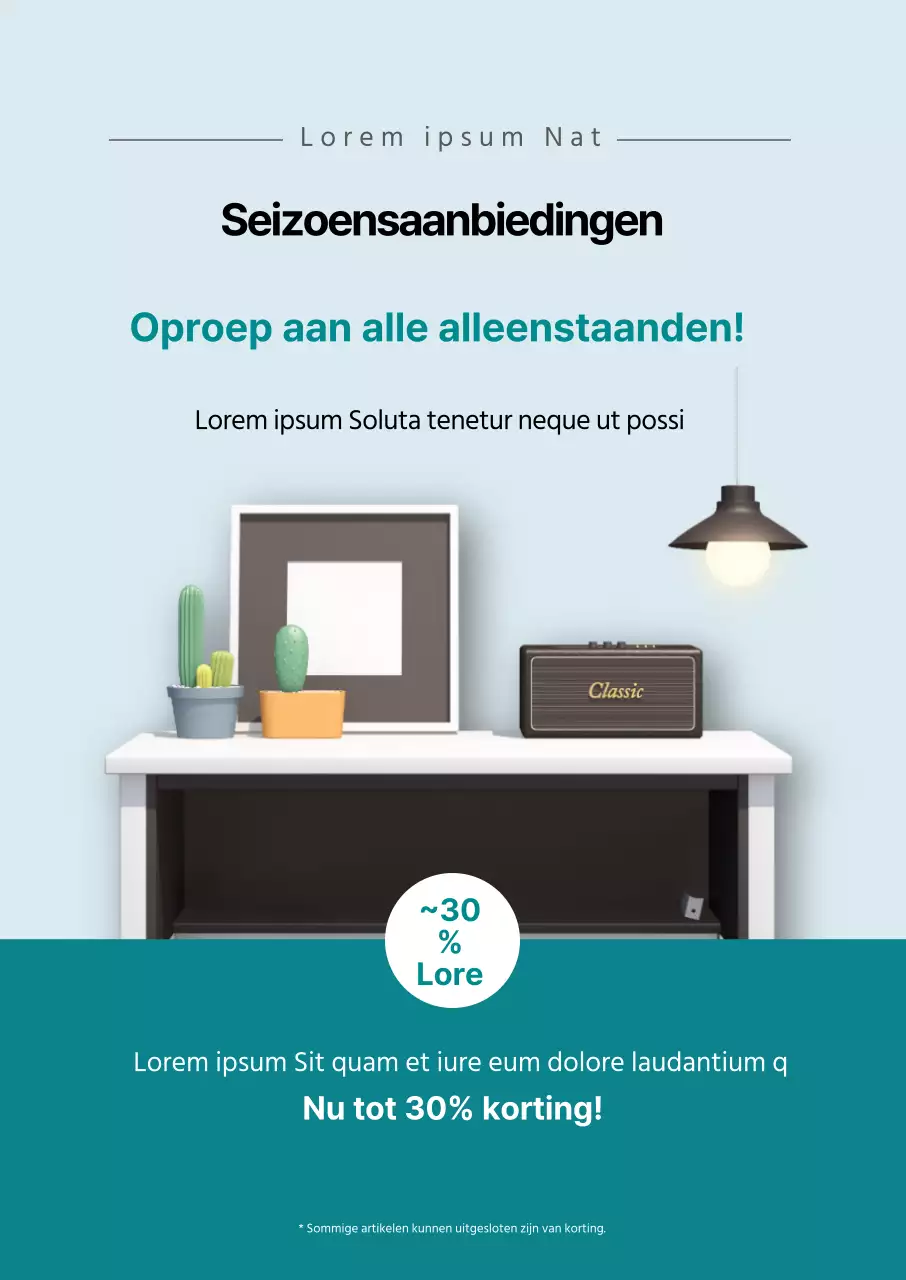 Promoot een evenement met blauwe fotografie en schoon meubilair