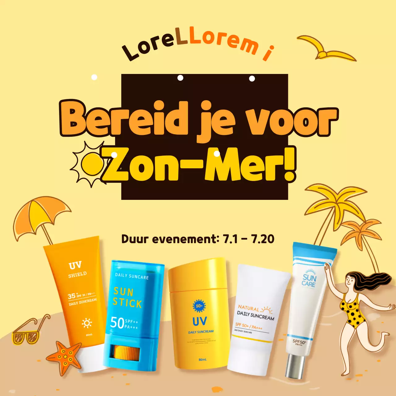 Geel Geïllustreerd Concept Zonnebrandcrème Zomerspecials Social Media