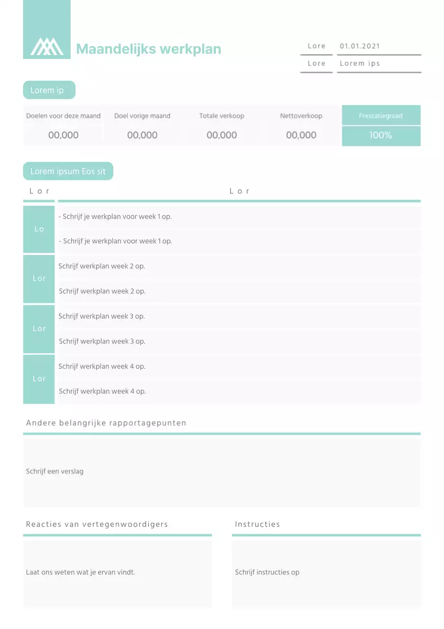 Schoon concept maandelijks werkplan documentsjabloon in mintkleur