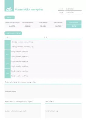 Schoon concept maandelijks werkplan documentsjabloon in mintkleur