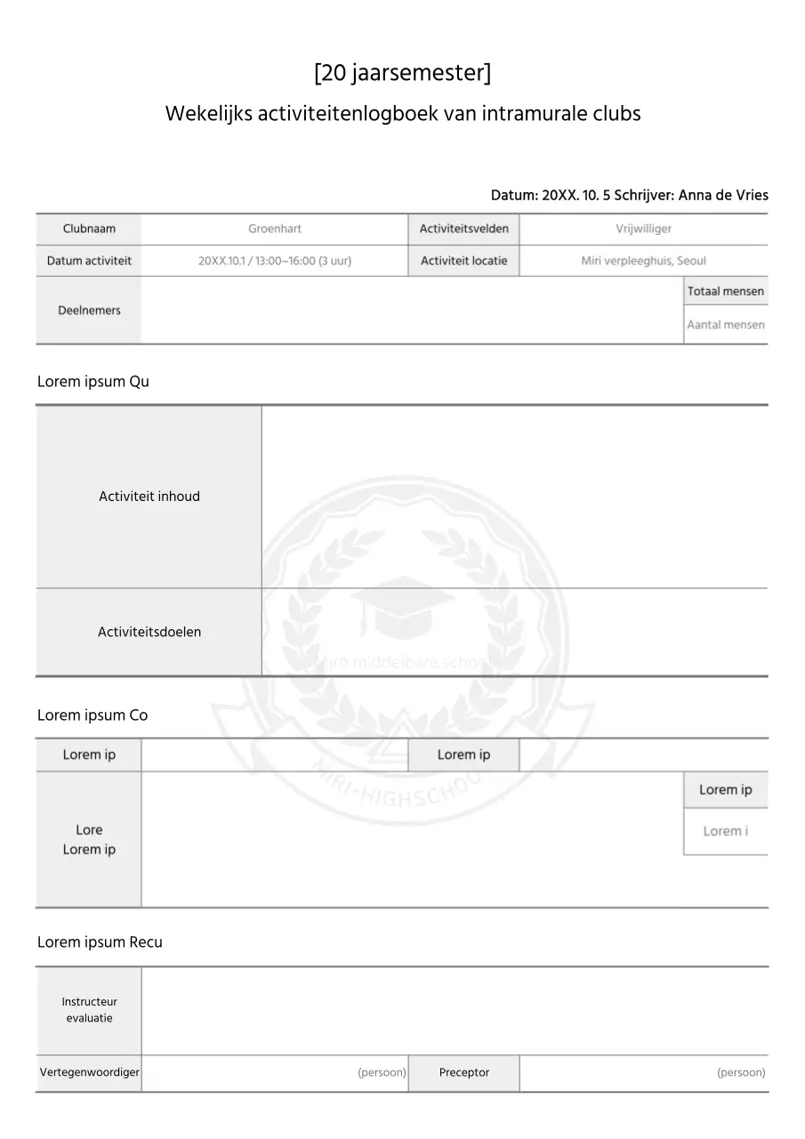 Zwart-wit schoolclub wekelijks activiteitenlogboek