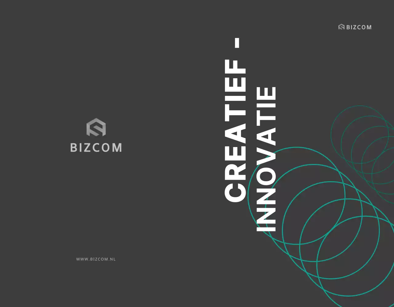 Een eenvoudige bedrijfspromo voor bizcom met zwarte en grijze tekst en illustraties.