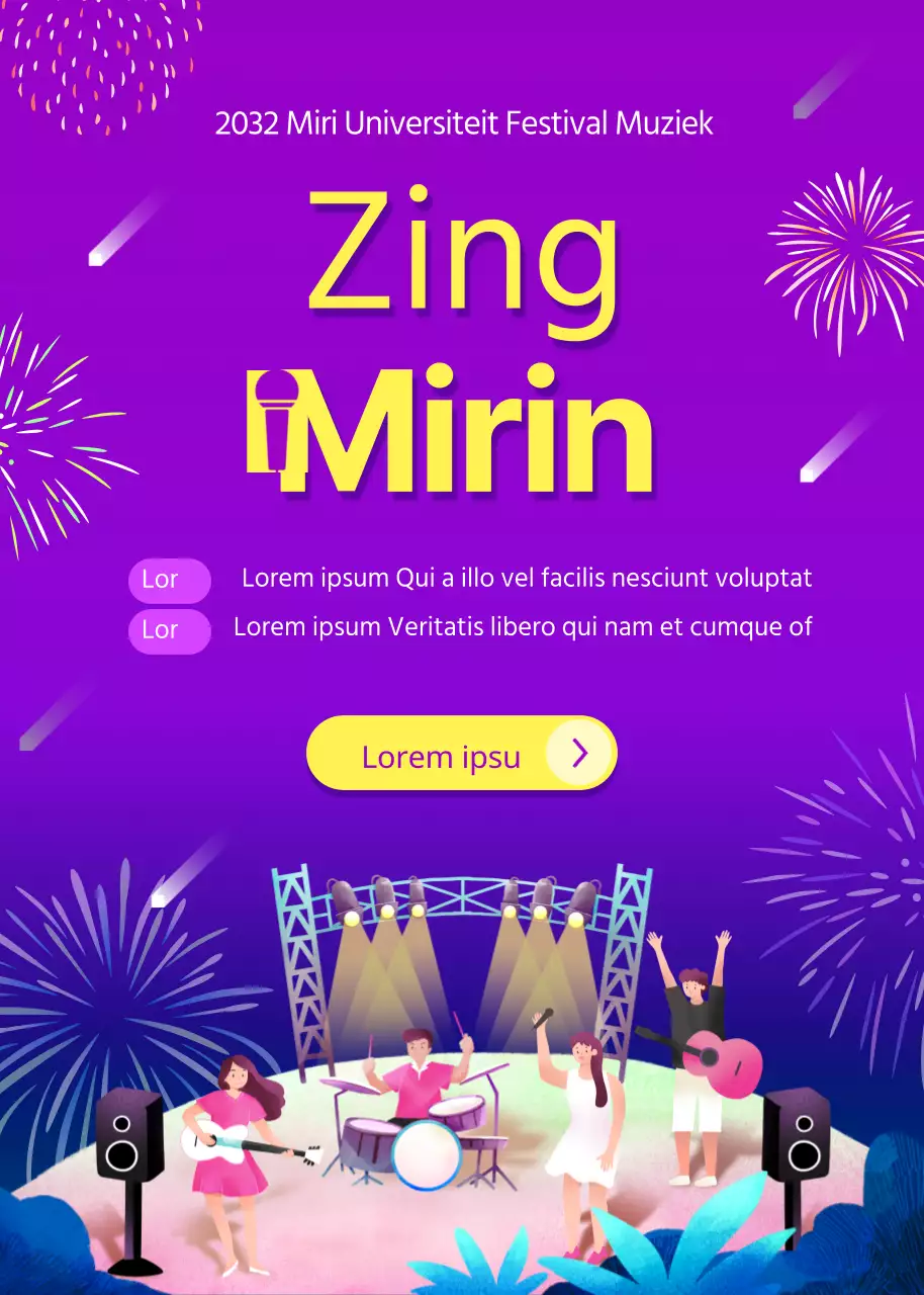 Oproep voor artiesten voor het concept van het paarse en gele nachtfestival