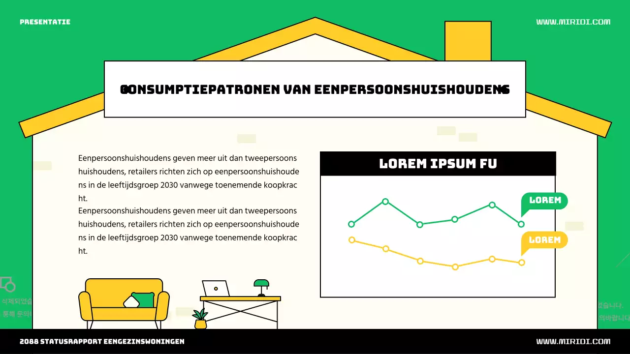 Introductie van het schattige groene en gele huis illustratie thema voor één persoon