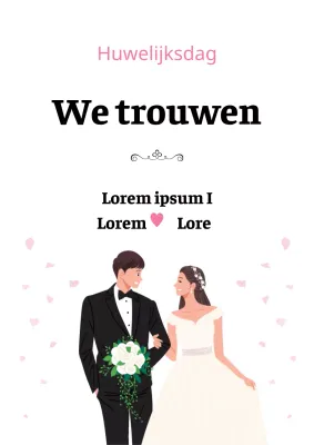 Huwelijksaankondigingen met roze illustraties van gelukkige pasgetrouwden