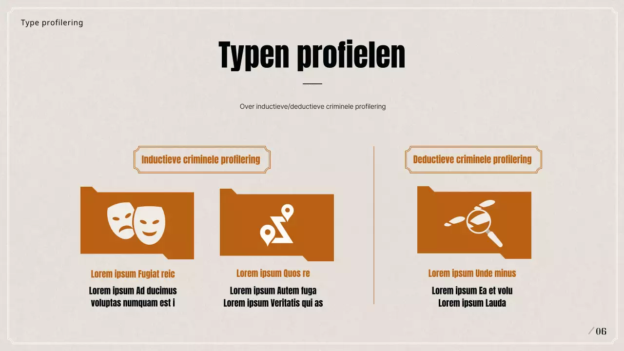 Presentatie over criminele psychologische profilering in zwart en beige