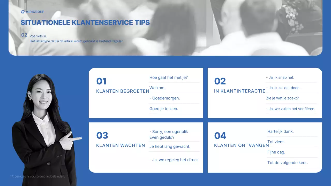 Trainingsseminar over vriendelijkheid voor winkelpersoneel van de Miri Group in blauw en grijs CS Handboek Begroetingsetiquette