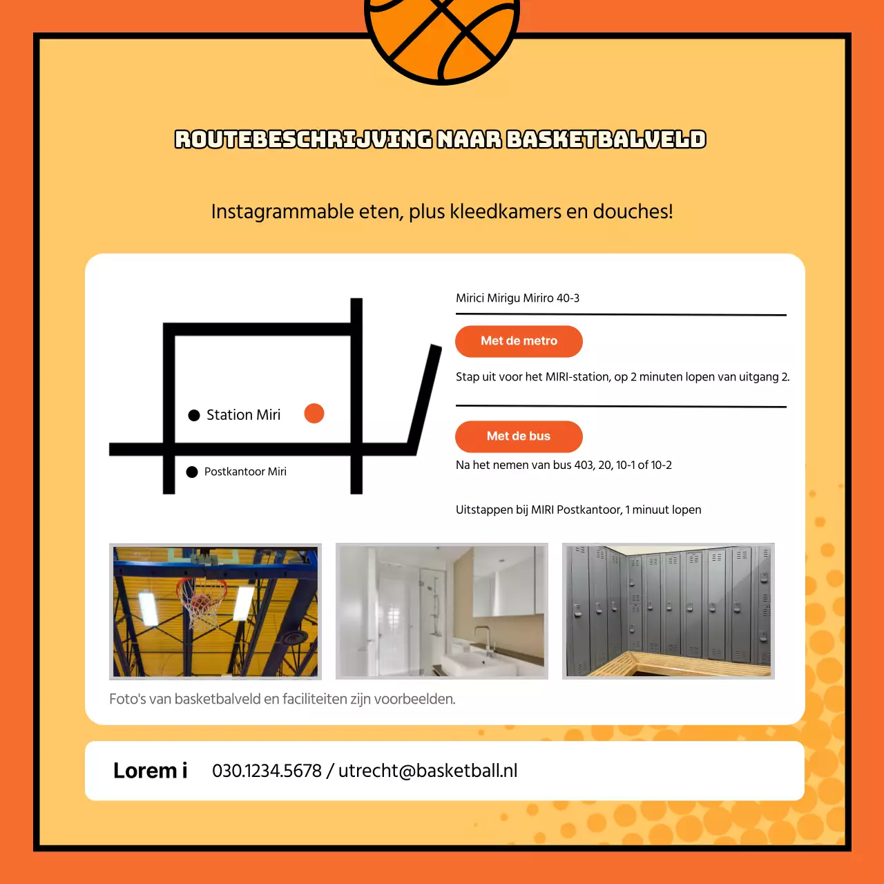 Werving voor een leuke, kitscherige, oranje, cartooneske basketbalclub