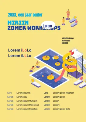 Gele poster die de zomerreis van het bedrijf aankondigt