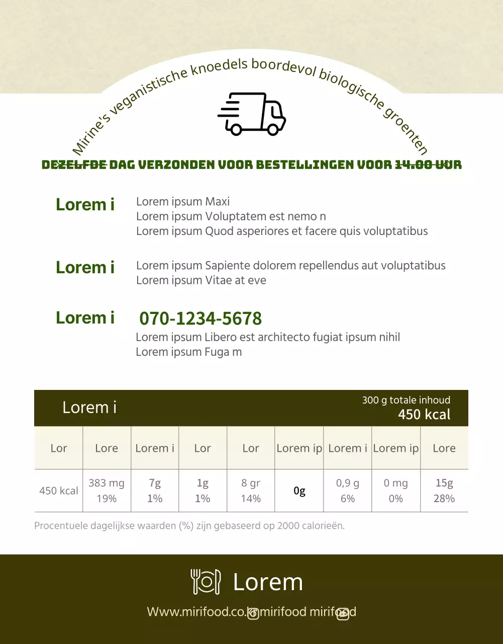 Detailpagina van winkelcentrum met olijfgroene veganistische knoedels