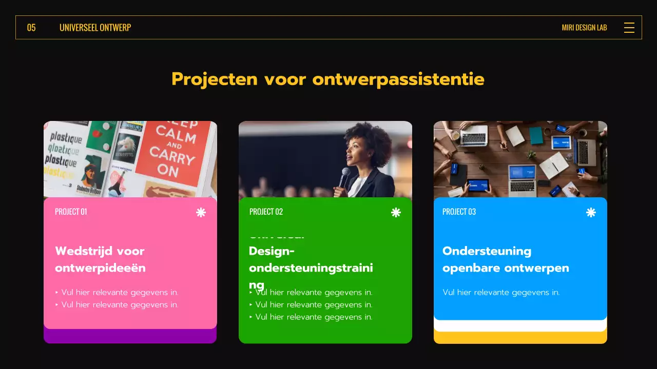 Inleiding tot Universal Design met zwarte en gele kleurrijke expressieve vormen
