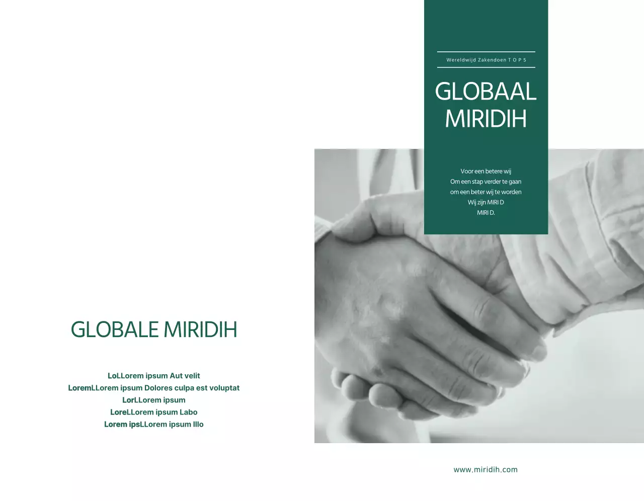 Een eenvoudige globale luchtspiegeling met donkergroene tekst en afbeeldingen om het bedrijf te promoten.