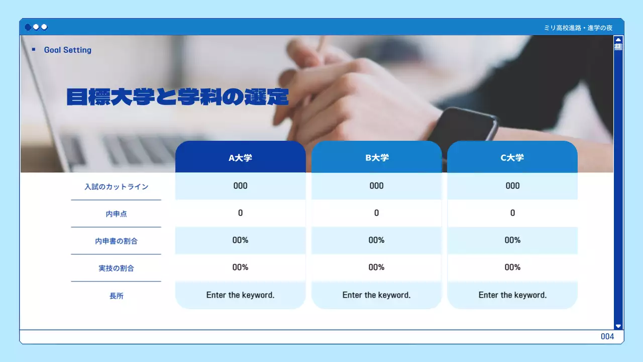 青色のブラウザテーマの大学発表資料