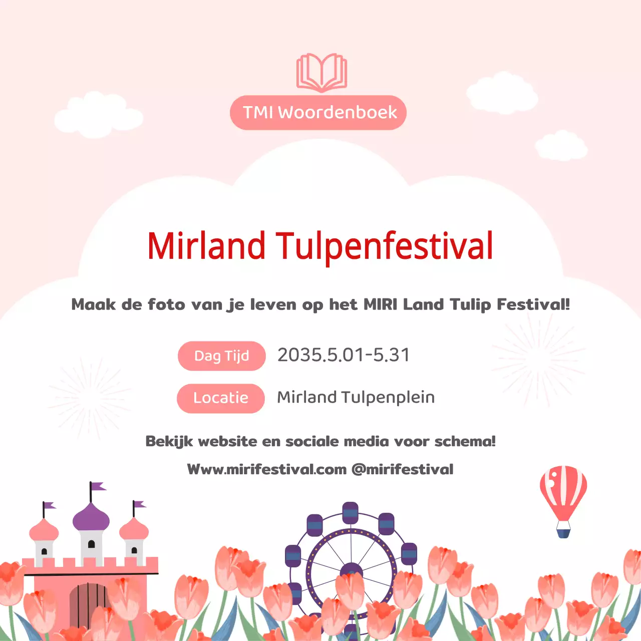 Tulp bloem taal TMI met roze geïllustreerde beelden