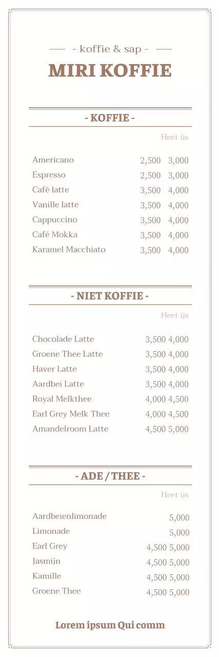 Eenvoudig café menubord banner in wit en bruin