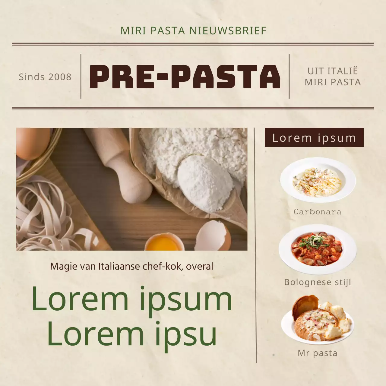 Het nieuwe Pasta Maaltijdpakket-menu promoten met een beige, vintage uitstraling